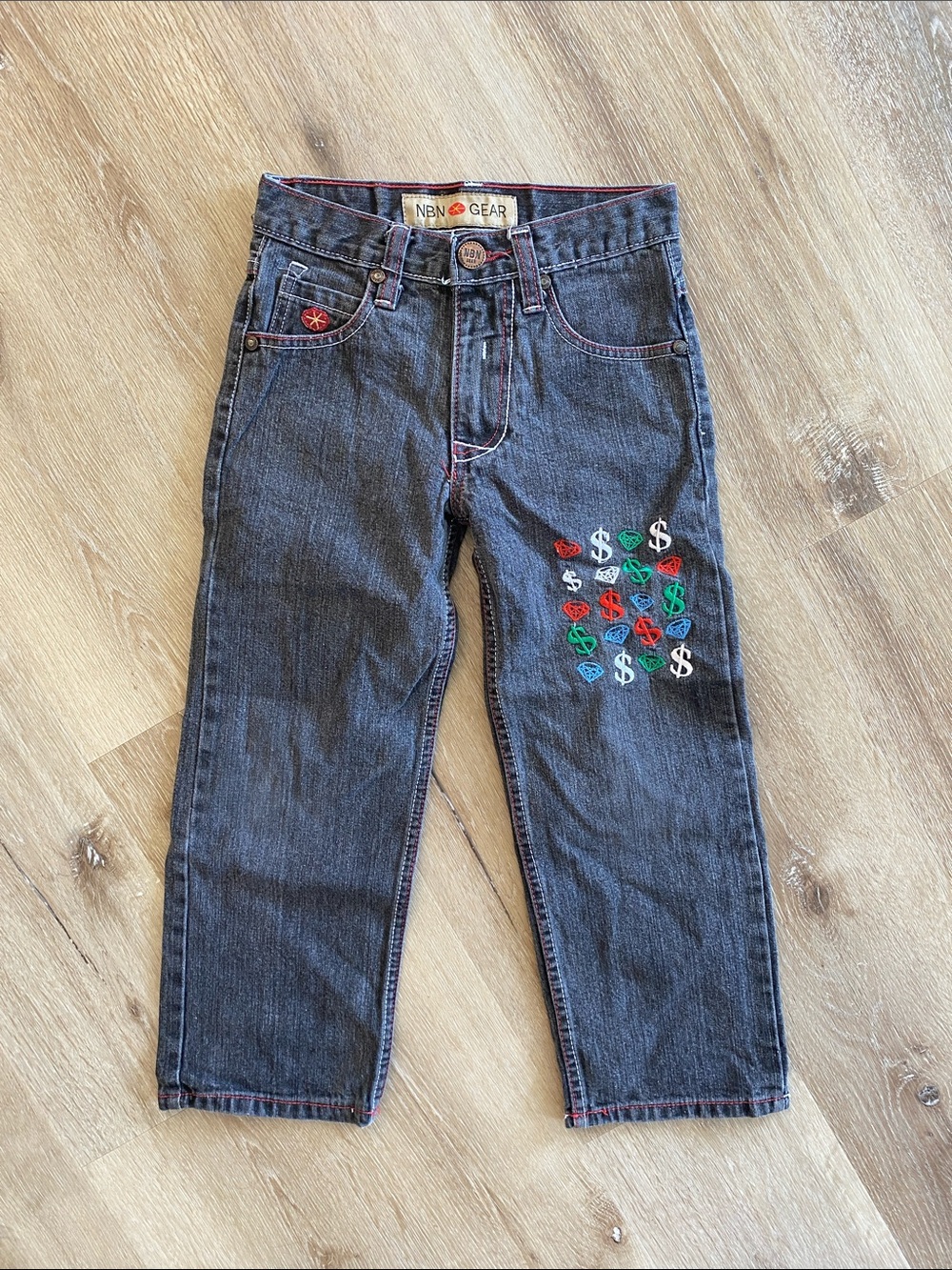 NBN Gear Dark Wash Black Denim Jeans Multicolor Money & Diamond Embroidery 💎